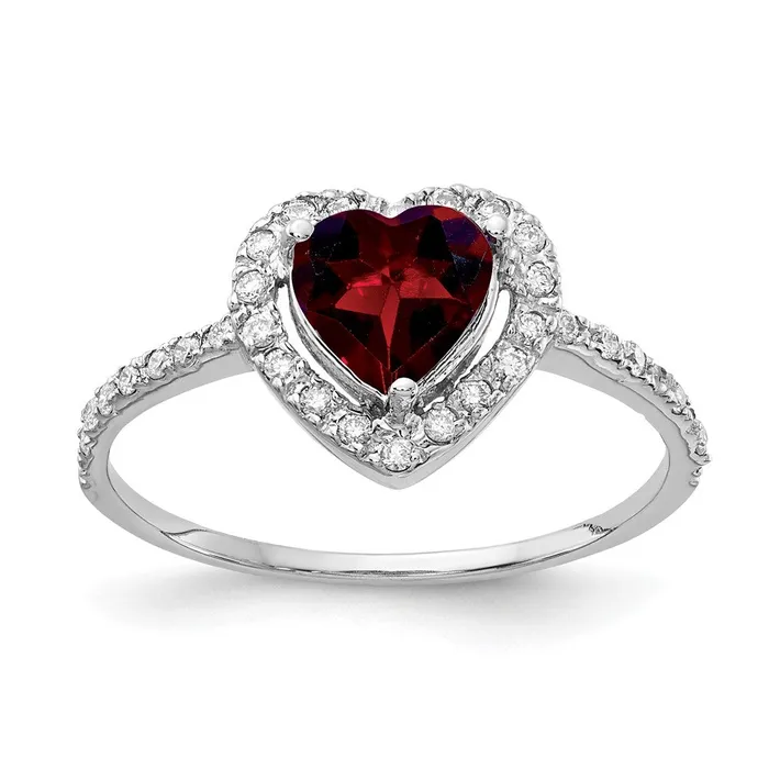Rings Goldiacom 14k White Gold 6mm Heart Garnet AAA Real Diamond ring