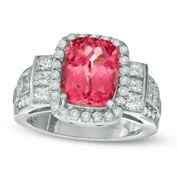 Rings Goldia CushionCut Pink Tourmaline and 125 CT TW Natural Diamond Frame Collar Ring in Solid 14K White Gold Rings Goldia CushionCut Pink Tourmaline and 125 CT TW Natural Diamond Frame Collar Ring in Solid 14K White Gold