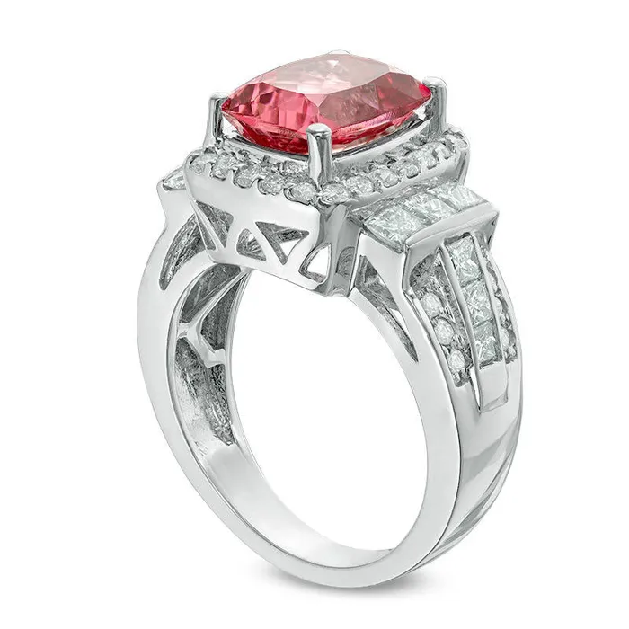 Rings Goldia CushionCut Pink Tourmaline and 125 CT TW Natural Diamond Frame Collar Ring in Solid 14K White Gold Rings Goldia CushionCut Pink Tourmaline and 125 CT TW Natural Diamond Frame Collar Ring in Solid 14K White Gold