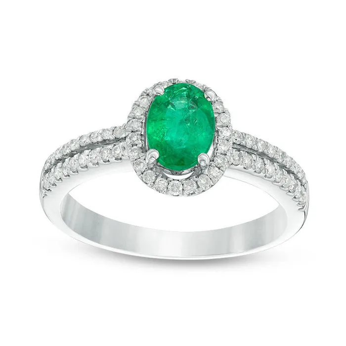 Rings Goldia Oval Emerald and 025 CT TW Natural Diamond Frame Double Row Split Shank Engagement Ring in Solid 18K White Gold Size 7 Rings Goldia Oval Emerald and 025 CT TW Natural Diamond Frame Double Row Split Shank Engagement Ring in Solid 18K White Gold Size 7