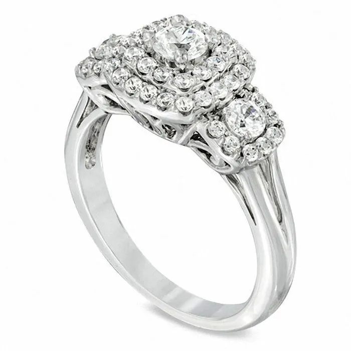 Rings Goldia Previously Owned 10 CT TW Natural Diamond Double Cushion Frame Three Stone Ring in Solid 10K White Gold Rings Goldia Previously Owned 10 CT TW Natural Diamond Double Cushion Frame Three Stone Ring in Solid 10K White Gold