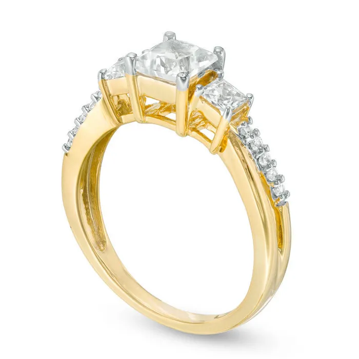 Rings Goldia PrincessCut LabCreated White Sapphire Three Stone Ring in Solid 10K Yellow Gold Rings Goldia PrincessCut LabCreated White Sapphire Three Stone Ring in Solid 10K Yellow Gold