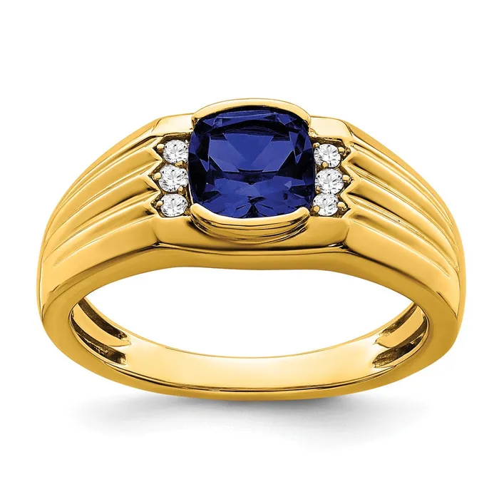 Rings Goldia Solid 14k Yellow Gold Cushion Created Simulated Sapphire and CZ Mens Ring Rings Goldia Solid 14k Yellow Gold Cushion Created Simulated Sapphire and CZ Mens Ring