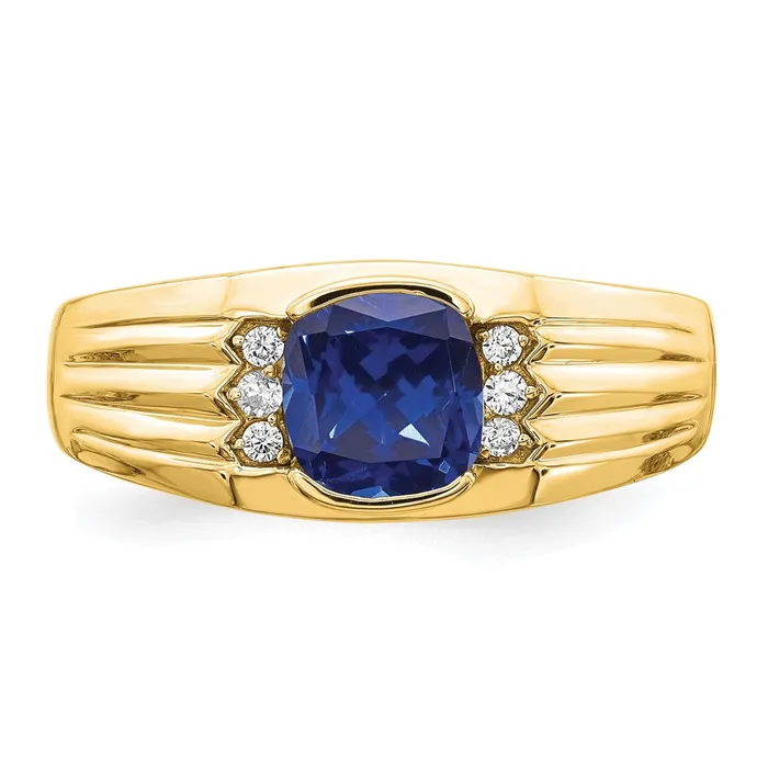 Rings Goldia Solid 14k Yellow Gold Cushion Created Simulated Sapphire and CZ Mens Ring