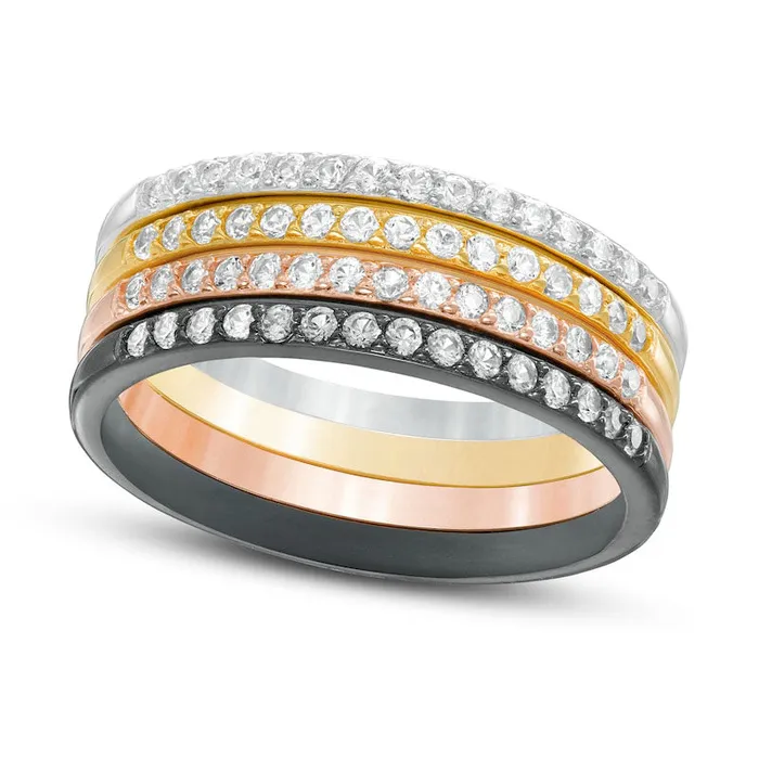 Rings Goldia White LabCreated Sapphire Stackable Band Set in Sterling Silver with Solid 18K Yellow and Rose GP and Black Rhodium Size 7