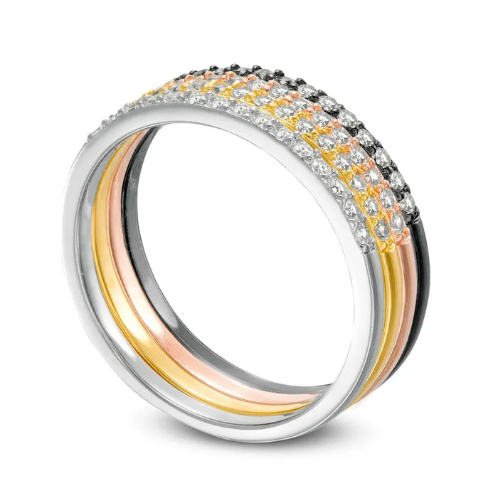 Rings Goldia White LabCreated Sapphire Stackable Band Set in Sterling Silver with Solid 18K Yellow and Rose GP and Black Rhodium Size 7 Rings Goldia White LabCreated Sapphire Stackable Band Set in Sterling Silver with Solid 18K Yellow and Rose GP and Black Rhodium Size 7