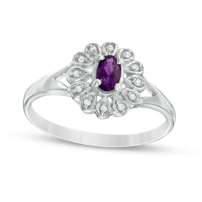 Rings Oval Amethyst and 005 CT TW Natural Diamond Flower Frame Ring in Sterling Silver Goldia Rings Oval Amethyst and 005 CT TW Natural Diamond Flower Frame Ring in Sterling Silver Goldia