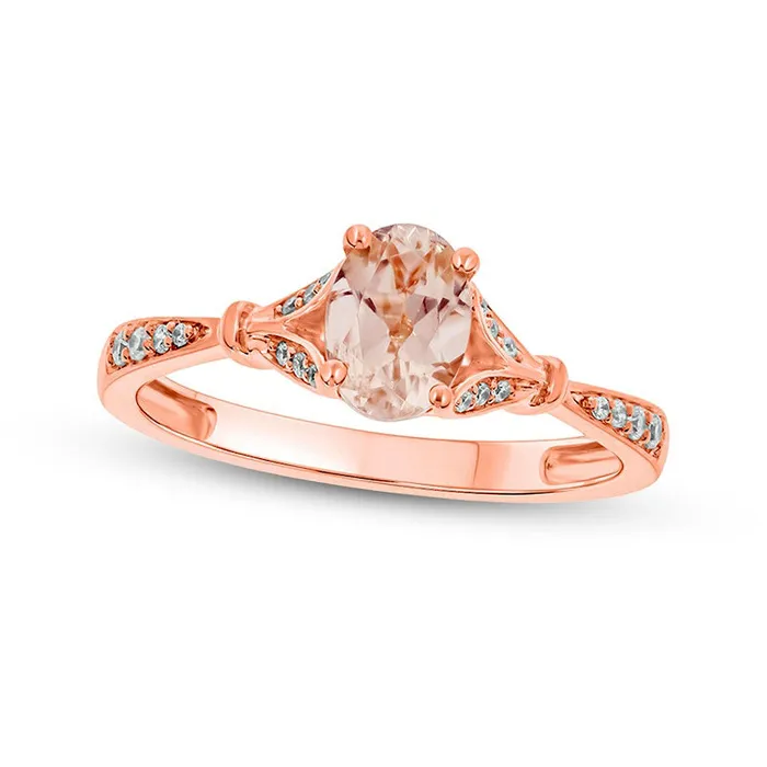 Rings Oval Morganite and 007 CT TW Natural Diamond Collar Wrapped LeafSides Split Shank Engagement Ring in Solid 10K Rose Gold Goldia Rings Oval Morganite and 007 CT TW Natural Diamond Collar Wrapped LeafSides Split Shank Engagement Ring in Solid 10K Rose Gold Goldia