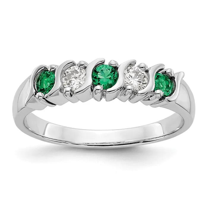 Rings Solid 14k White Gold Simulated CZ wSimulated Emerald Band Goldia