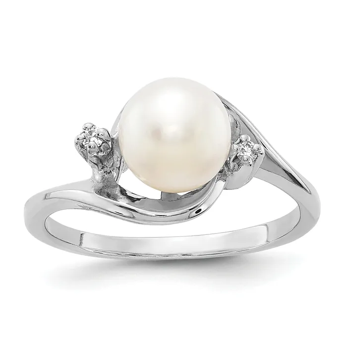 Solid 14k White Gold 7mm FW Cultured Pearl AA Simulated CZ Ring Goldia Rings Solid 14k White Gold 7mm FW Cultured Pearl AA Simulated CZ Ring Goldia Rings