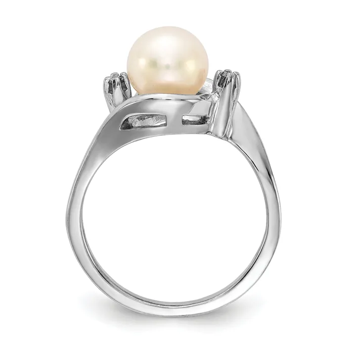 Solid 14k White Gold 7mm FW Cultured Pearl AA Simulated CZ Ring Goldia Rings