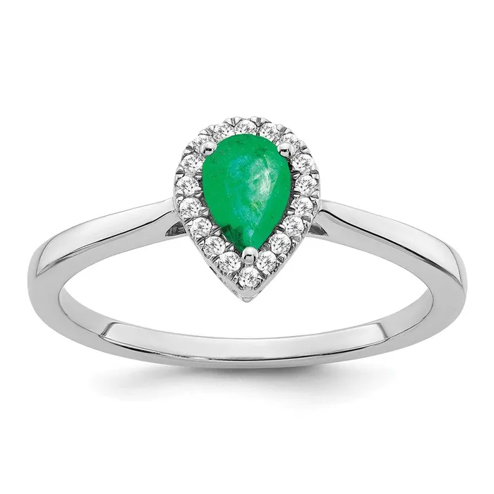 Solid 14k White Gold Pear Simulated Emerald and CZ Halo Ring Goldia Rings Solid 14k White Gold Pear Simulated Emerald and CZ Halo Ring Goldia Rings