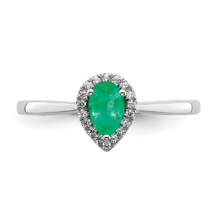 Solid 14k White Gold Pear Simulated Emerald and CZ Halo Ring Goldia Rings