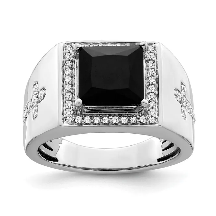 Solid 14k White Gold Simulated Onyx and CZ Cross Mens Ring Goldia Rings Solid 14k White Gold Simulated Onyx and CZ Cross Mens Ring Goldia Rings