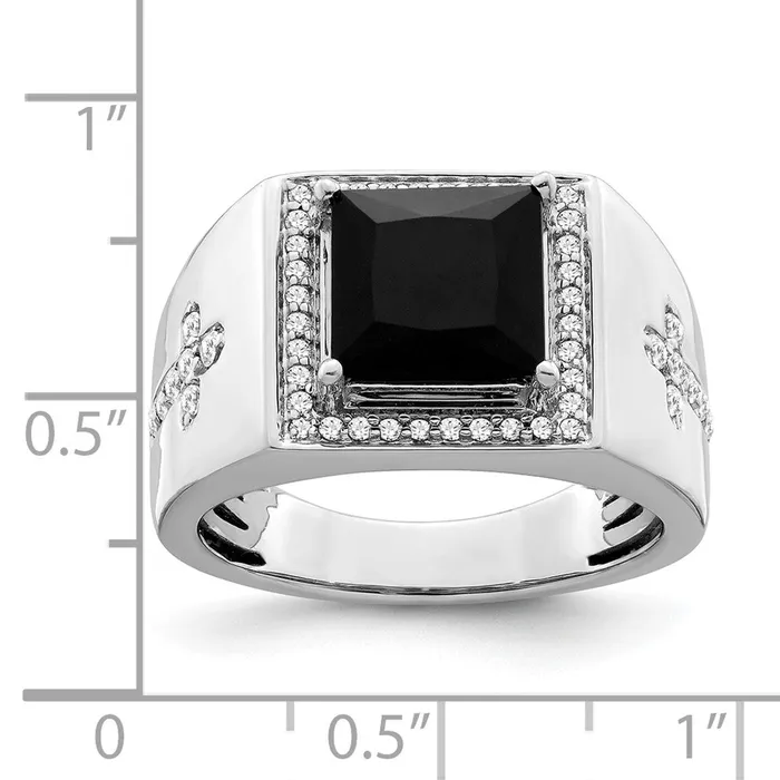 Solid 14k White Gold Simulated Onyx and CZ Cross Mens Ring Goldia Rings