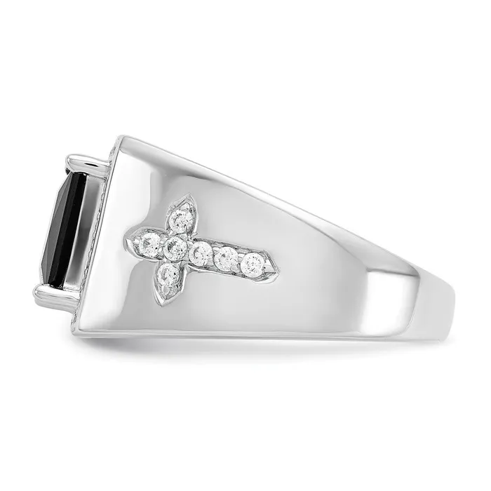 Solid 14k White Gold Simulated Onyx and CZ Cross Mens Ring Goldia Rings