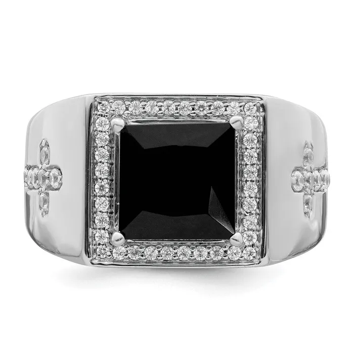 Solid 14k White Gold Simulated Onyx and CZ Cross Mens Ring Goldia Rings