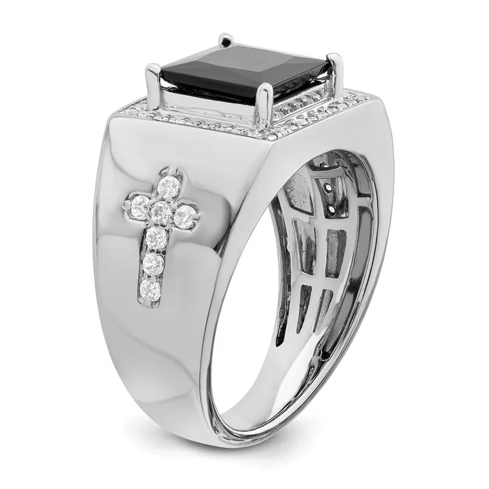 Solid 14k White Gold Simulated Onyx and CZ Cross Mens Ring Goldia Rings