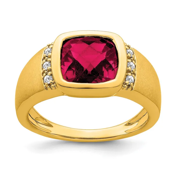 Solid 14k Yellow Gold Created Simulated Ruby and CZ Mens Ring Goldia Rings Solid 14k Yellow Gold Created Simulated Ruby and CZ Mens Ring Goldia Rings