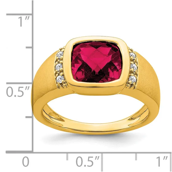 Solid 14k Yellow Gold Created Simulated Ruby and CZ Mens Ring Goldia Rings