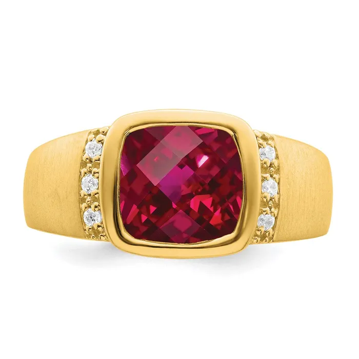 Solid 14k Yellow Gold Created Simulated Ruby and CZ Mens Ring Goldia Rings