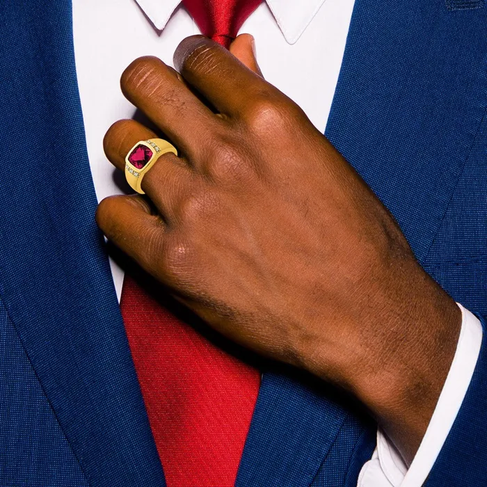 Solid 14k Yellow Gold Created Simulated Ruby and CZ Mens Ring Goldia Rings