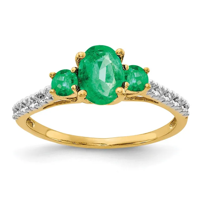 Solid 14k Yellow Gold Oval Simulated Emerald and CZ Ring Goldia Rings