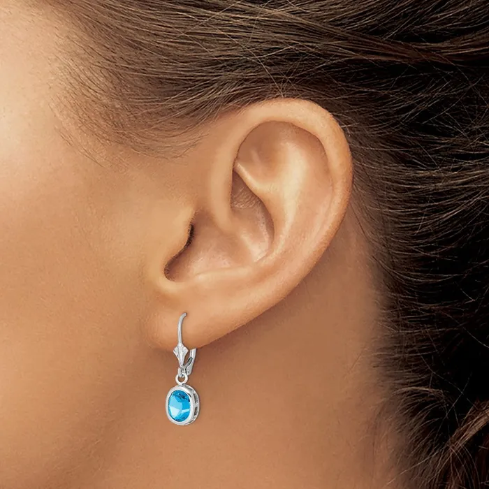 Sterling Silver Rhodium Plated 8x6mm Oval Blue Topaz Leverback Earrings Goldia Earrings