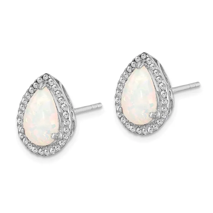 Sterling Silver Rhodium Polished Simulated Opal u0026 CZ Post Earrings Goldia Earrings