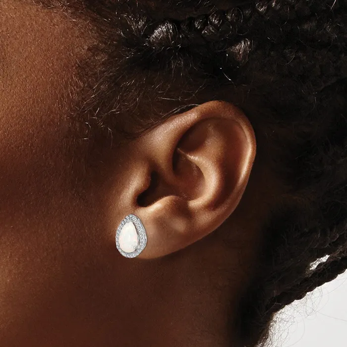 Sterling Silver Rhodium Polished Simulated Opal u0026 CZ Post Earrings Goldia Earrings