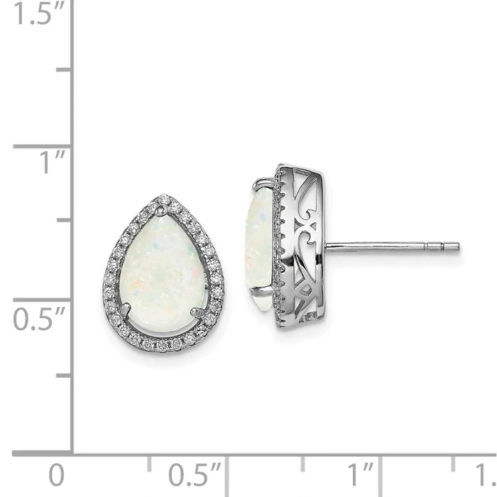 Sterling Silver Rhodium Polished Simulated Opal u0026 CZ Post Earrings Goldia Earrings